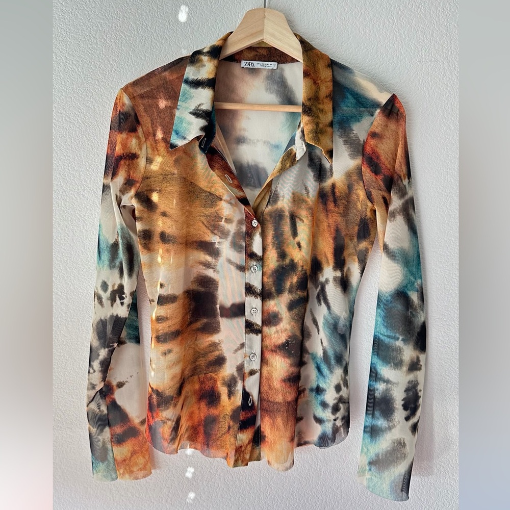Zara Tie Dye Sheer Button-Up Blouse